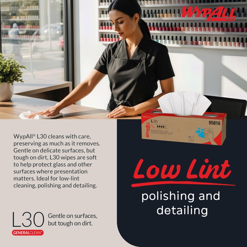 WypAll GeneralClean L30 Cloths Heavy Duty Cleaning Wipes (05816), Pop-Up Box, Strong and Soft Bulk Paper Wipers, White (6 Packs of 120 Sheets, 720 Sheet Total) - Image 5